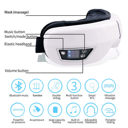 Masajeador de ojos inteligente 6D con vibración: instrumento de cuidado ocular con compresión de bolsa de aire, música por Bluetooth, máscara de masaje ocular para dormir, relajación de los ojos y alivio de la fatiga.