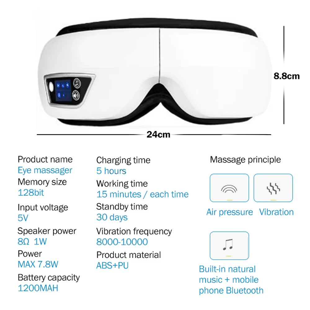 Masajeador de ojos inteligente 6D con vibración: instrumento de cuidado ocular con compresión de bolsa de aire, música por Bluetooth, máscara de masaje ocular para dormir, relajación de los ojos y alivio de la fatiga.