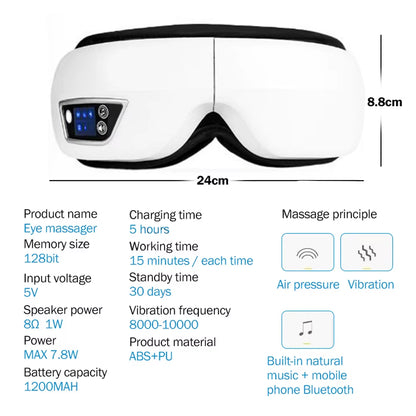 Masajeador de ojos inteligente 6D con vibración: instrumento de cuidado ocular con compresión de bolsa de aire, música por Bluetooth, máscara de masaje ocular para dormir, relajación de los ojos y alivio de la fatiga.